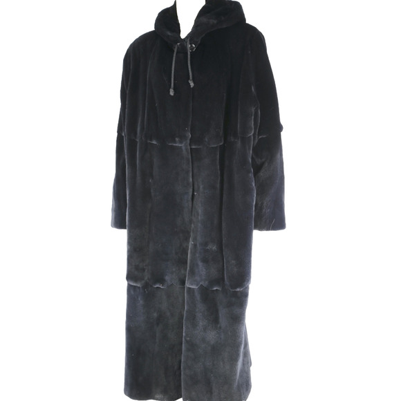 Bob Mackie Sheared Mink Fur Long Hooded Coat Vintage Midnight Blue Luxury Size L - Picture 10 of 16